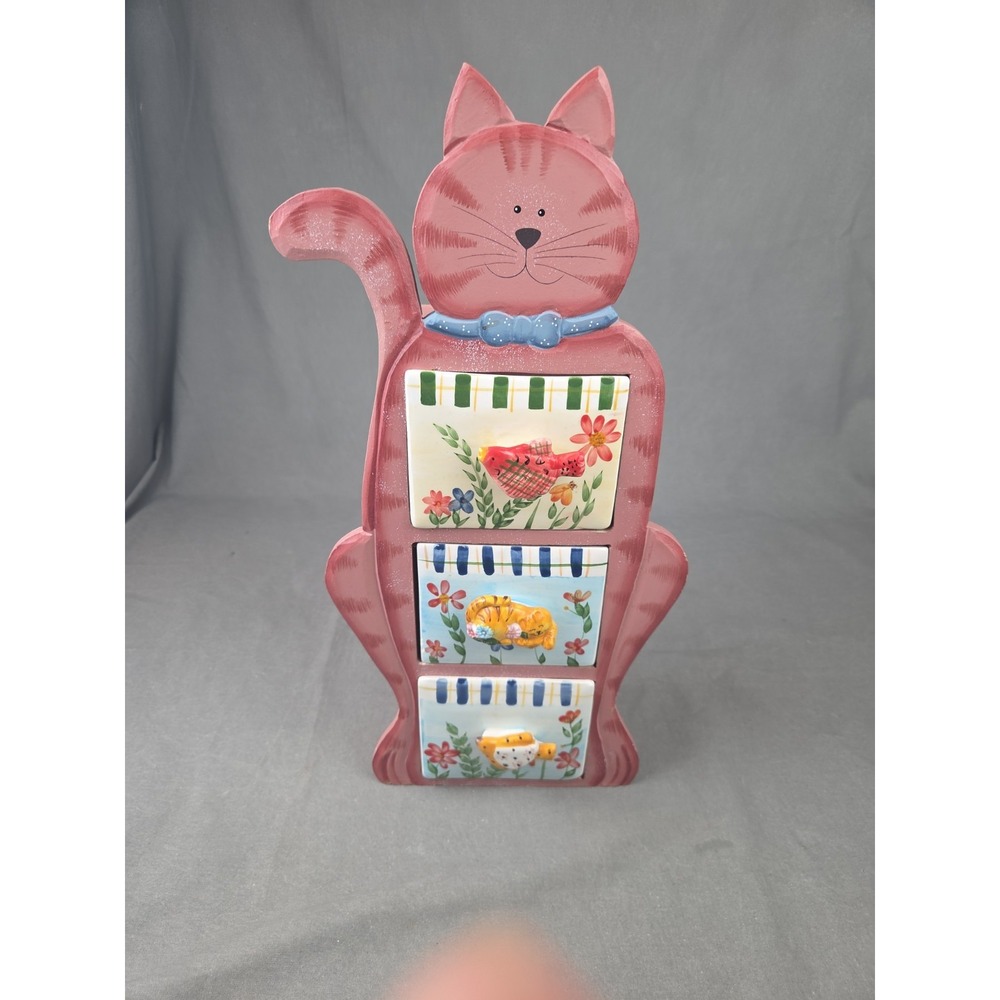 Vtg Wooden Cat Shaped 3 Drawer Ceramic Trinket Box Chest Storage Cottagecore